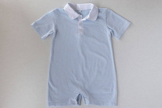 Blue & White Stripe Short Sleeve Polo Romper