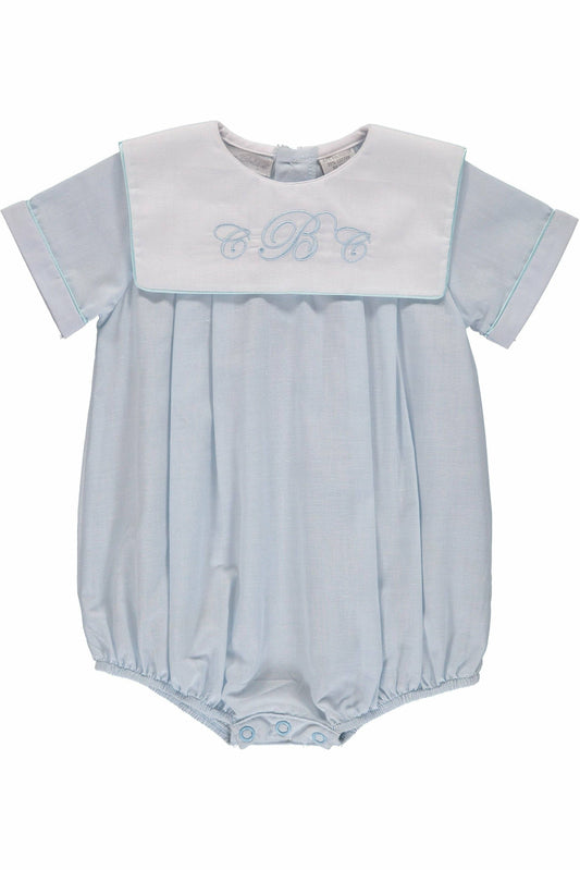 Personalized Baby Boy Classic Monogram Creeper - Blue/ White Collar